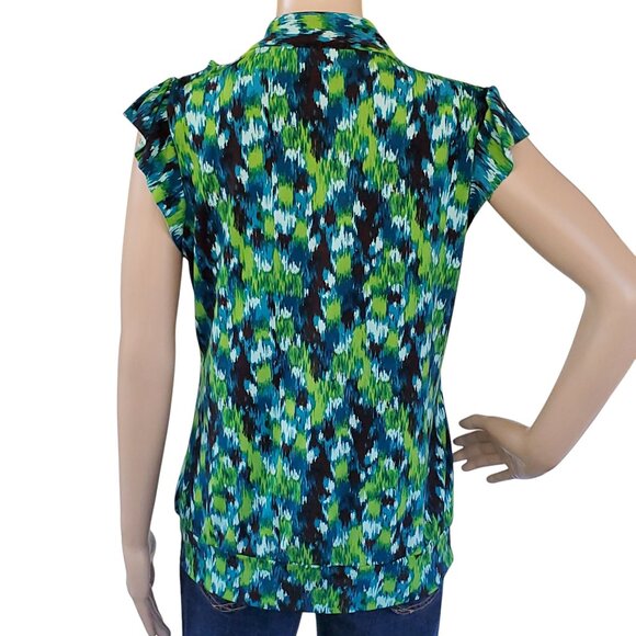 Heart Soul Blouse Top Women's Large Blue Green Ruffle Knit Stretch Cap Sleeves - Picture 5 of 13